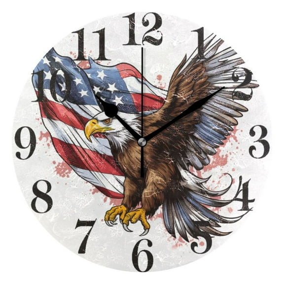 Flying Eagle and American Flag Wall Clock 9.8 inch Battery Operated Clocks Non-Ticking Silent for Bedroom Office Kitchen Living Room