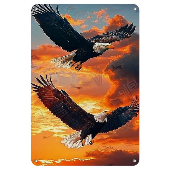 Flying Eagles Sunset Iron Sign 8x12in/20cm*30cm Wildlife Style Nature Decor 1pc for Home Living Room Wall Art Decorative Plaque & Statues, Bird Theme Metal Sign Pre-Drilled