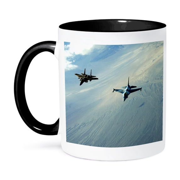 3dRose, Flying F15 and 16 Jet Aircraft, 15oz Two-Tone Black Mug