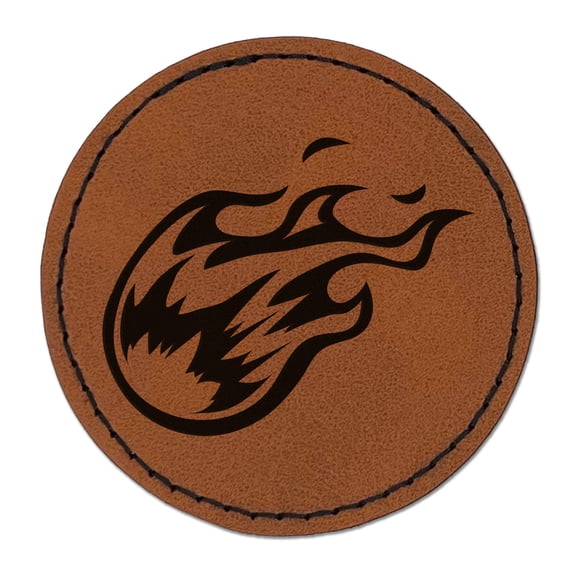 Flying Fireball Hot Flame Wizard Magic Spell 2.5" Faux Leather Round Engraved Iron-On Patch - Brown