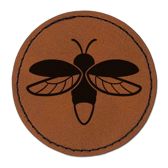 Flying Firefly Lightning Bug 2.5" Faux Leather Round Engraved Iron-On Patch - Brown