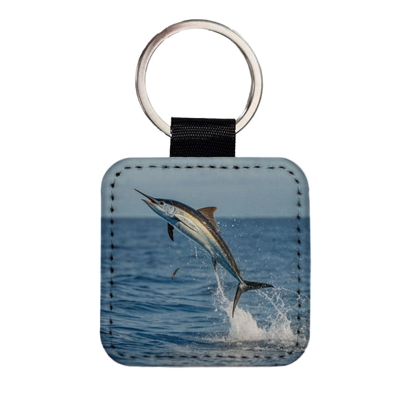 Flying Fish Jumping Fishing Faux Leather Square Keychain