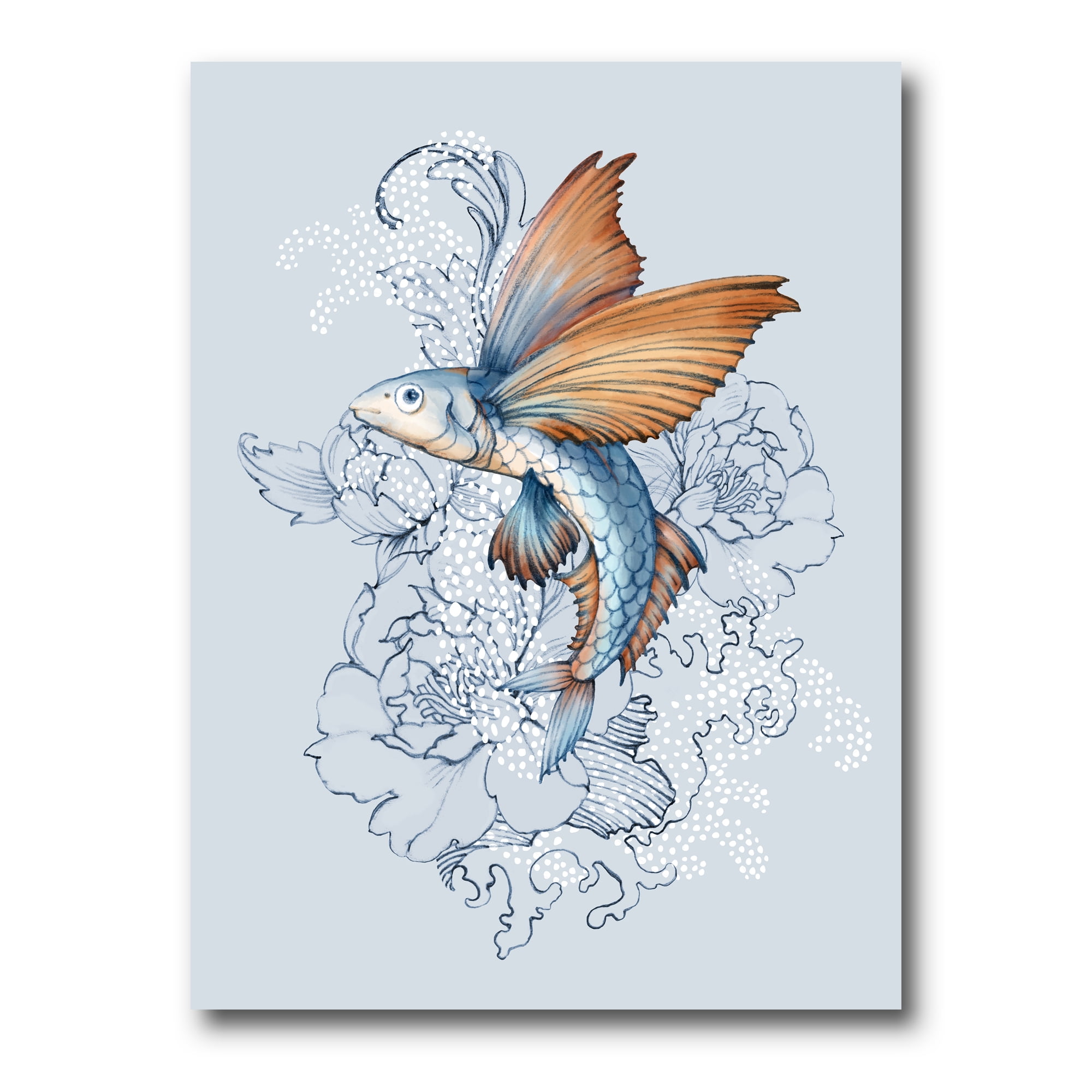 Flying Fish and Peonies 30 in x 40 in Painting Canvas Art Print, by Designart
