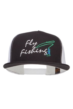 Flying Fishing Embroidered Snapback Mesh Cap - Black White OSFM
