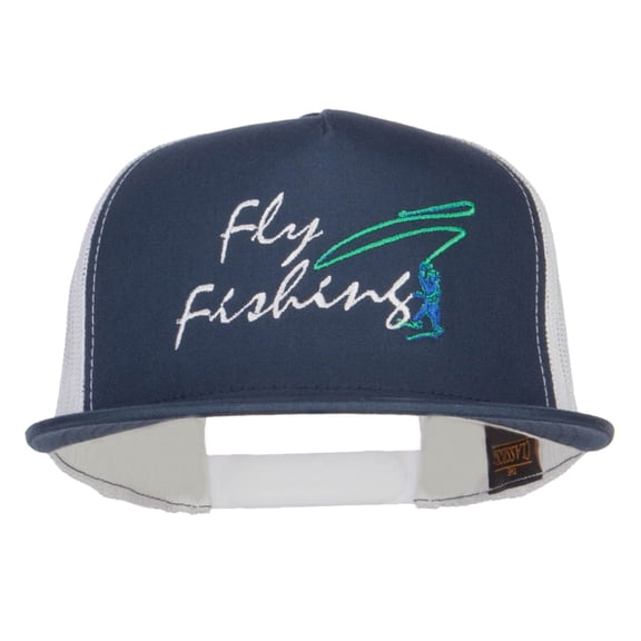 Flying Fishing Embroidered Snapback Mesh Cap - Navy White OSFM