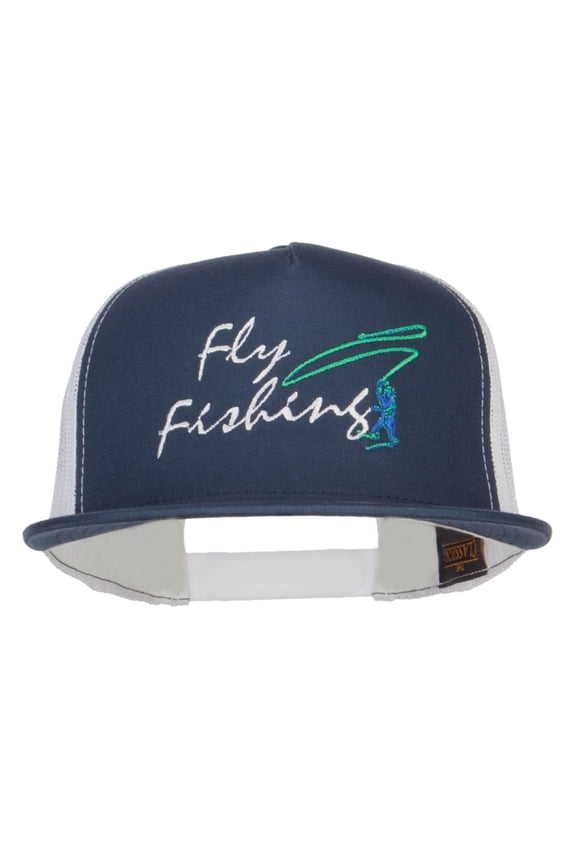 Flying Fishing Embroidered Snapback Mesh Cap - Navy White OSFM