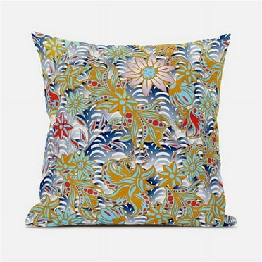 Flying Floral Paisley Indoor/Outdoor Pillow with Removable Cover in Blue Yellow18x18