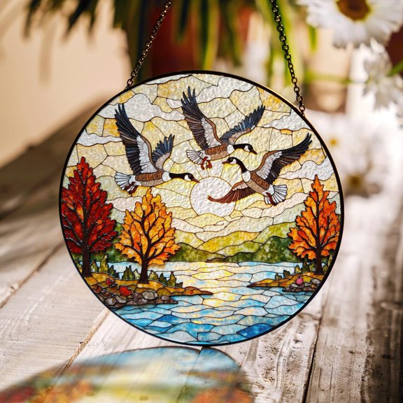 Flying Geese Autumn Lake Scene Round Suncatcher, Fall Decor, 3.5 in
