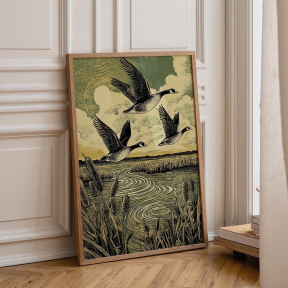 Flying Geese Linocut Wetland Bird Nature Landscape Rustic Wildlife Marsh Poster Unframed Paper Print