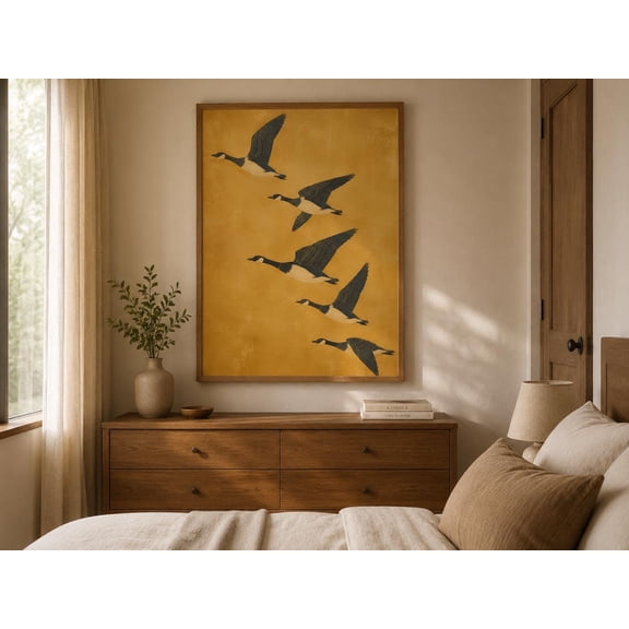 Flying Geese Print, Mustard Yellow Bird Wall Art, Wild Geese Poster, Nature Lover Gift, Modern Vintage Wildlife Decor , Poster Print Only