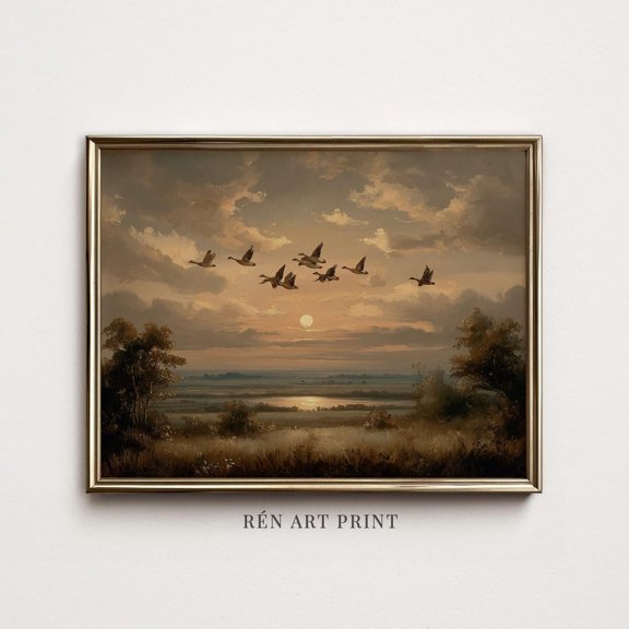 Flying Geese Sunset Poster For Vintage Fall Landscape Decor