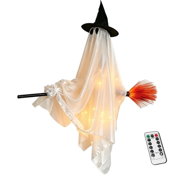 Flying Ghost Halloween Decoration with Remote LED String Lights, Hanging Ghost on Lighted Witches Broom for Indoor Outdoor Yard Porch Tree, Halloween Decorations 2026