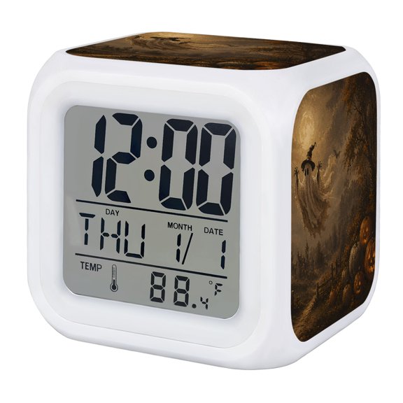 Flying Ghost Halloween Digital Alarm Clock for Bedrooms, Smart LED Alarm Clock with 7 Color Changing Night Light, Horror Dead Trees Pumpkins Silent Wake Up Clocks for Sleep Study Cooking 3.2"x3.2"