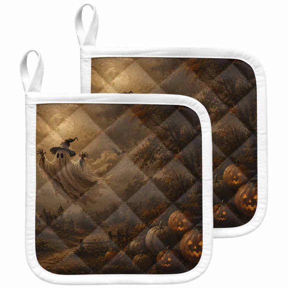 Flying Ghost Halloween Pot Holders for Kitchen Heatproof Potholder, 2 Pack Horror Dead Trees Pumpkins Hot Pads Multipurpose Oven Pads Terry Cloth Potholders Trivet for Cooking and Baking