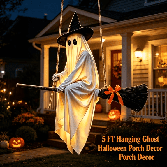 Flying Ghost On Broomstick Lighted Hanging Decoration Floating White Ghost With Black Witch Hat Rustic Broom And Orange Bow Warm Glow