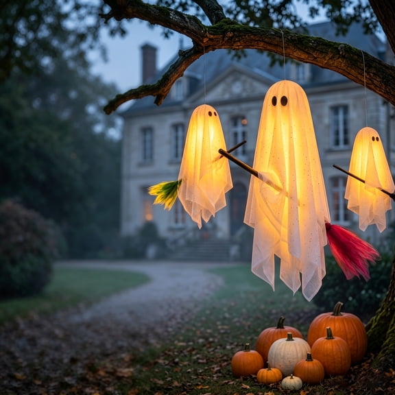 Flying Ghosts Halloween Outdoor Decor, 3 Pack Warm Light Hanging Ghosts for Yard Patio Tree