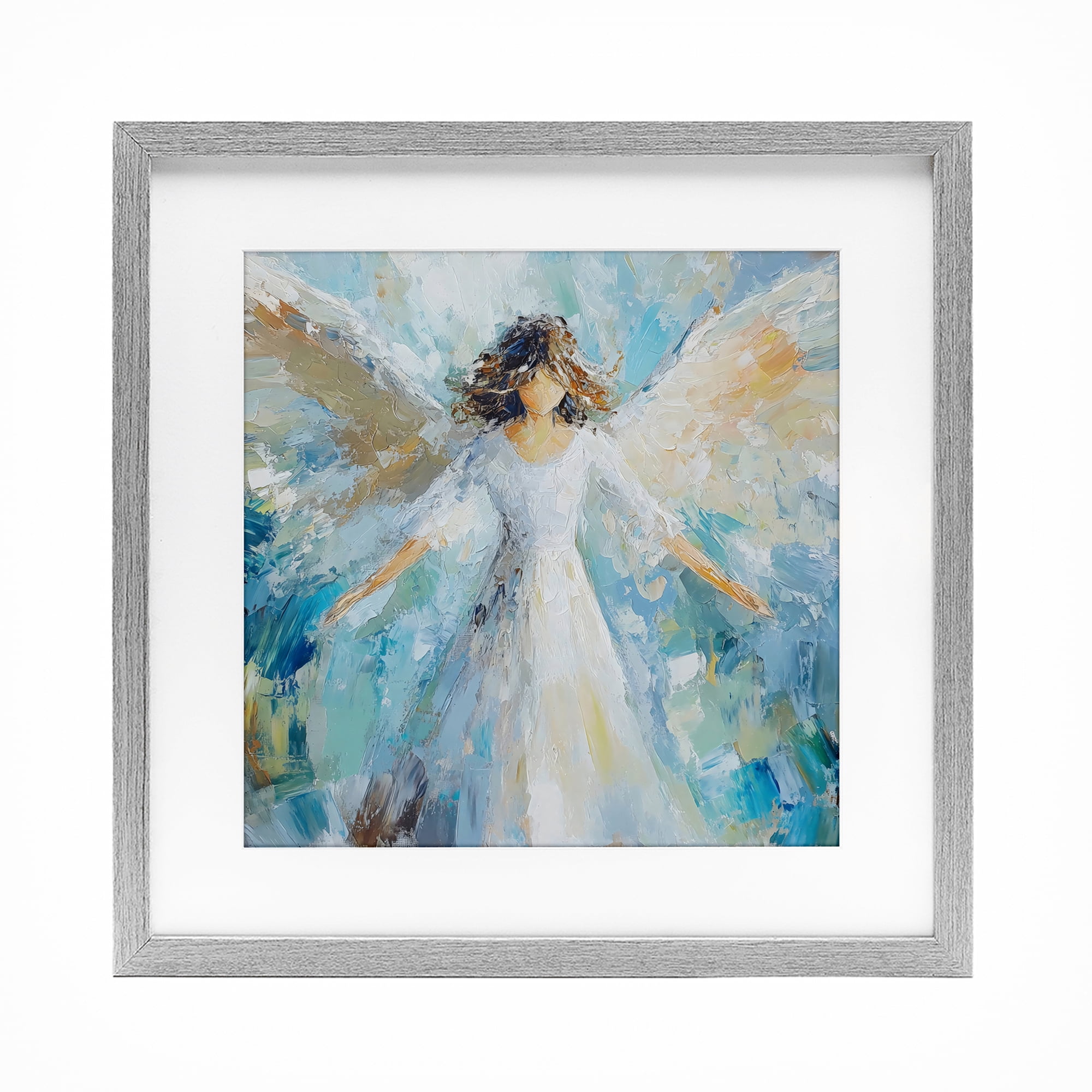 Flying Glory Angel Gray Framed Print Under Glass, design by Petal Prints Design