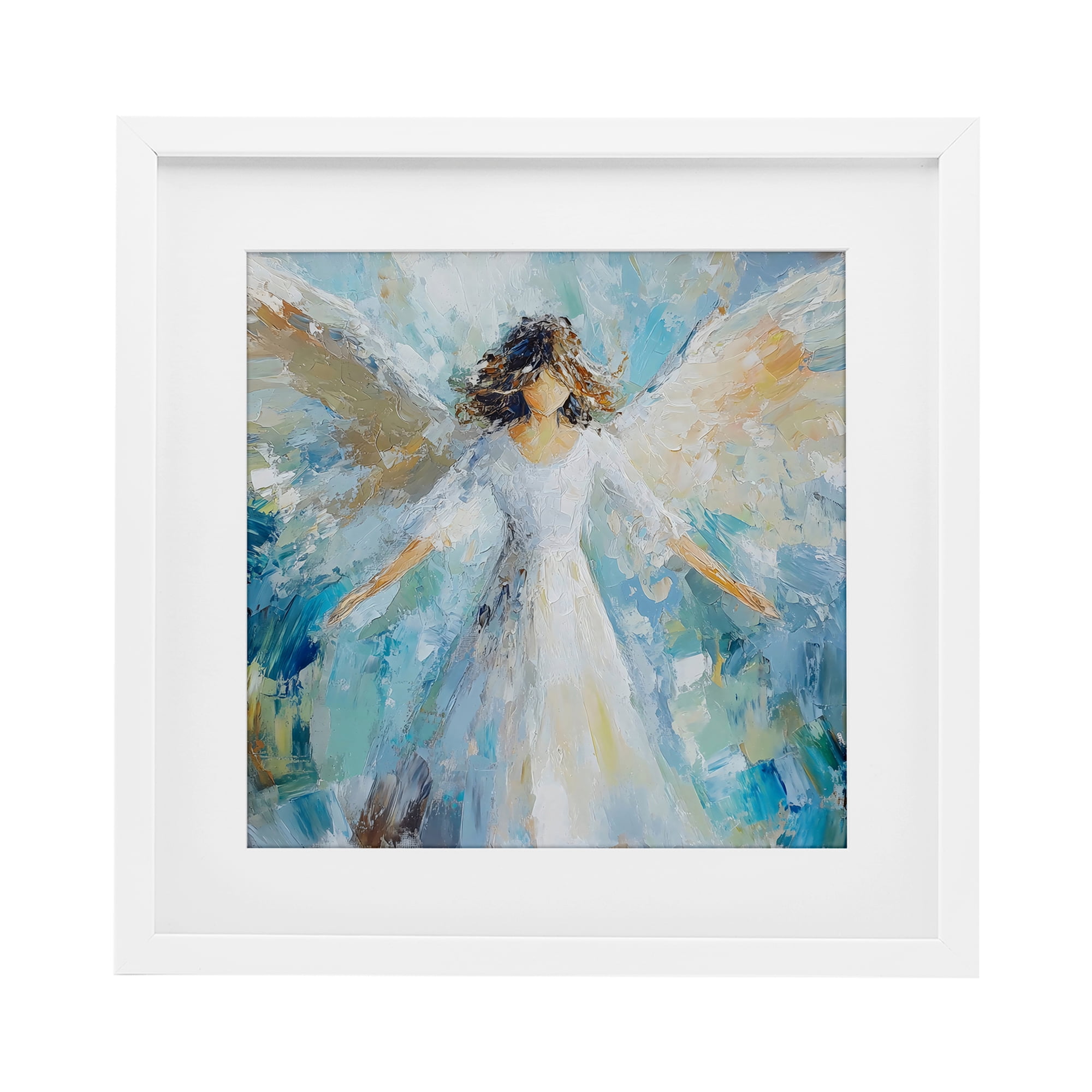 Flying Glory Angel White Framed Print Under Glass, design by Petal Prints Design