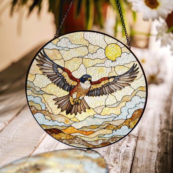Flying Hawk under Sun Bird Glass Suncatcher, for Dad, 3.5 in
