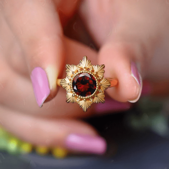 Flying Heart Vintage Style Oval Cut Red Garnet Engagement Ring - Marquise Cut Diamond Cluster Ring -Bridal Wedding Anniversary Ring