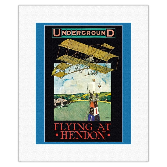 Flying at Hendon England - London Underground (The Tube) - Vintage Railroad Travel Poster by Tony Sarg c.1913 - Fine Art Rolled Canvas Print 11in x 14in