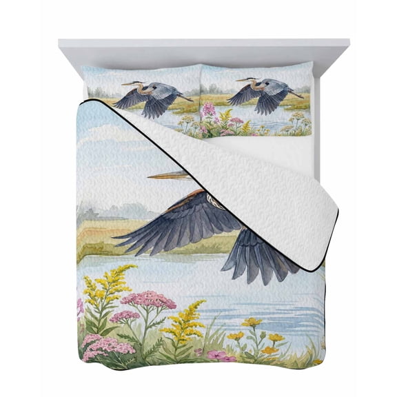 Flying Heron 3 Piece Quilt Set King Size, Rustic Country Flower Plant Bird Grass Texture Blue Sky Soft Bedspread Coverlet Bedding Set Microfiber Comforter Set with 2 Pillowcases for Bedroom