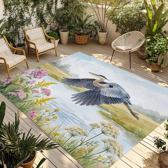 Flying Heron Outdoor Rug 3x5 ft Rustic Country Flower Plant Bird Grass Texture Blue Sky Non Slip Patio Rug Washable Absorbent Large Outdoor Carpet Outside Mat for Porch RV Garden Camping