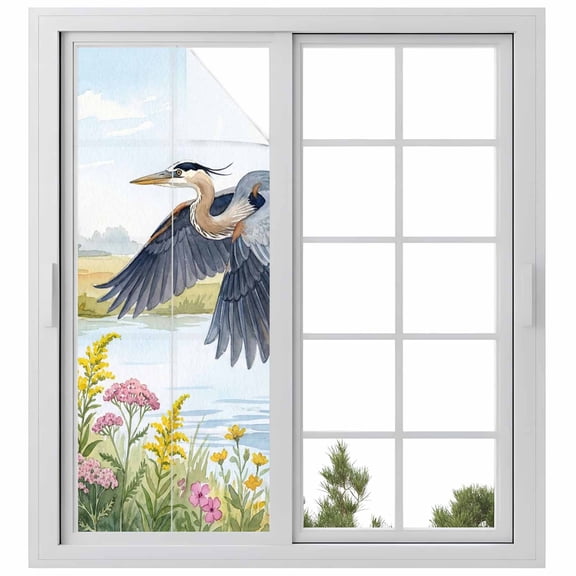 Flying Heron Window Privacy Film, Rustic Country Flower Plant Bird Grass Texture Blue Sky Frosted Glass Window Clings Static Cling UV Heat Blocking Reusable Door Sticker for Bathroom 23.6 x 59 Inch