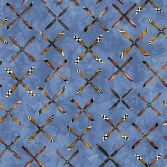 Flying High Propeller Geo Denim Cotton Fabric (1 Yard)