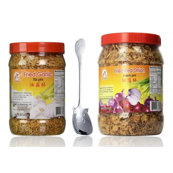 Flying Horse Fried Garlic and Red Onion 2lb Set - Crunchy Shallots and Crispy Garlic Flakes, Salad and Ramen Soup Toppings. No Preservatives No MSG, 16 oz each + 1 Piggy Spoon by Twin Fortune Foods