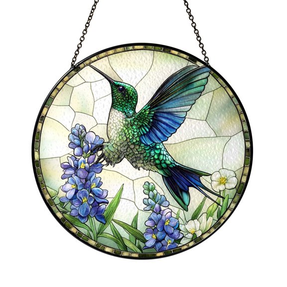Flying Hummingbird And Blue Lupine Suncatcher Circle Display Decor