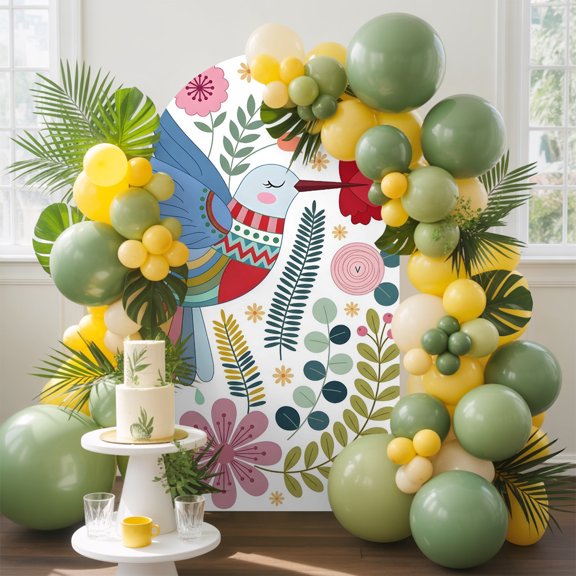Flying Hummingbird Arch Backdrop Cover, 4FT, Folk Art Colorful Bird Pink Flower Green Leaf Spandex Arch Covers Double-Sided Backdrop for Wedding Birthday Party Photo Background Decoration