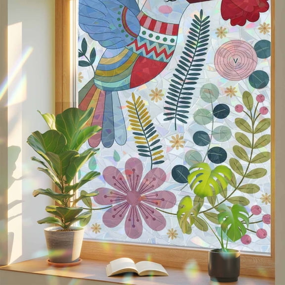 Flying Hummingbird Window Privacy Film, Folk Art Colorful Bird Pink Flower Green Leaf Stained Glass Rainbow Film Decorative Window Clings, Static Cling Sun Blocking Stickers 17.7" x 39.3"