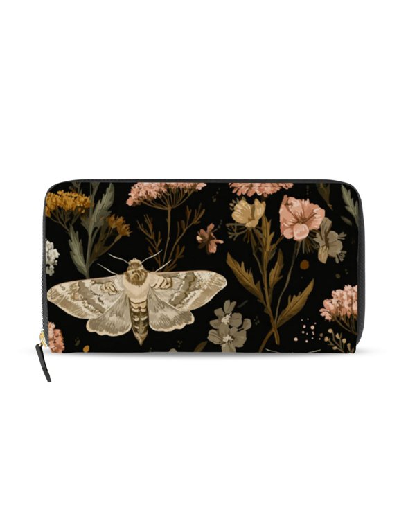 Flying Insect Flowers Vintage Women's Long Zipper Wallet Bifold Clutch Purse PU Leather Card Cases