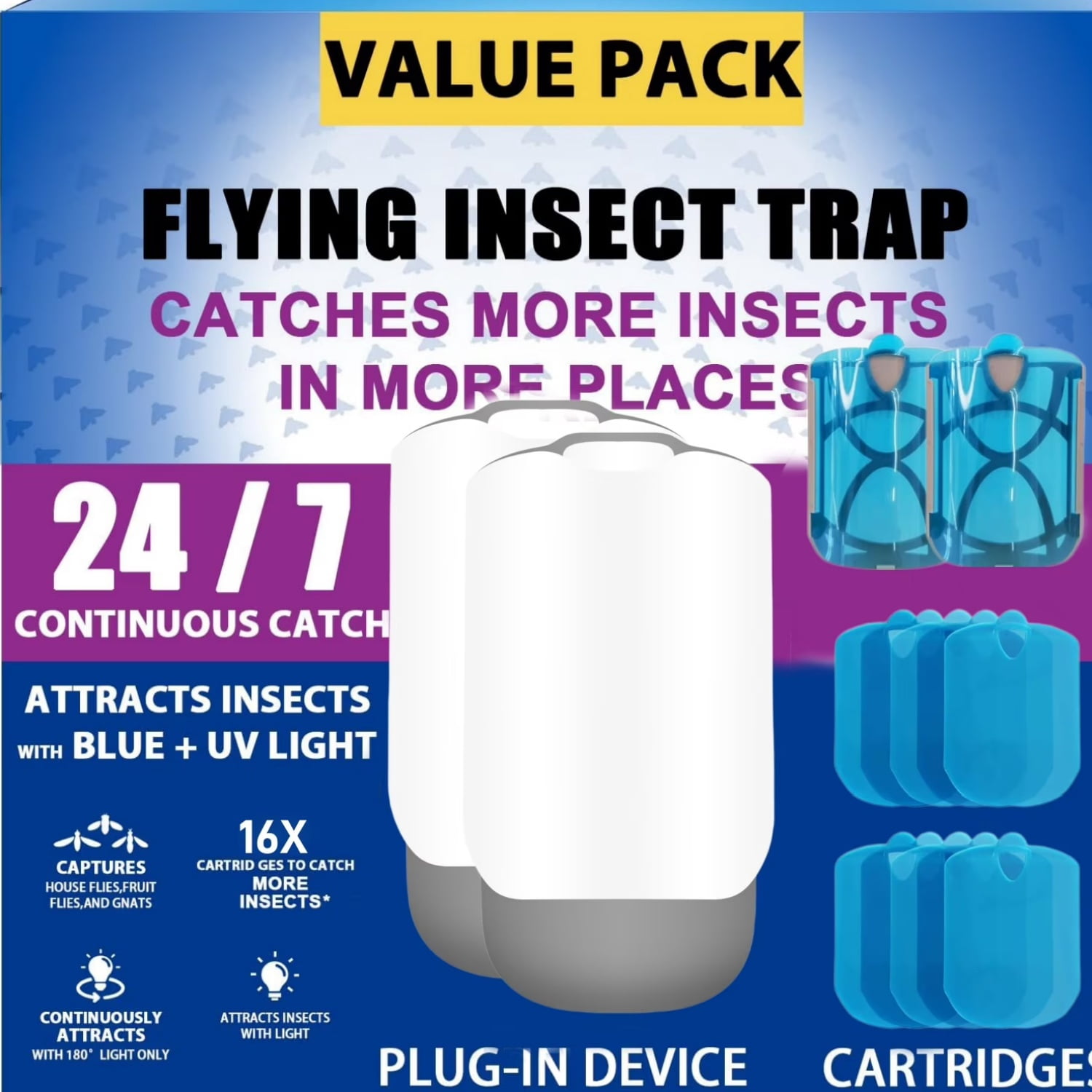 Flying Insect Mosquito Trap,Electronic Insect Killer, Mosquitoes Trap for Living Room, Home, Kitchen (Value 2 Pack +16 Pcs Glue Card)