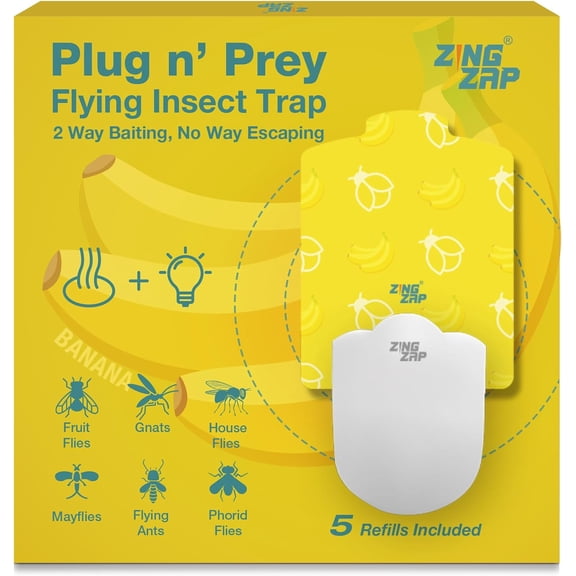 Flying Insect Trap Indoor, Plug & Prey Dual-Baiting Fly Traps with Banana Scent & Blue Light, 2X More Effective Catch, House Flies, Gnats, Moths, Base Plug & 5 Cartridges