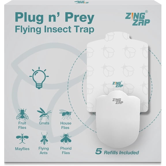 Flying Insect Trap Indoor, Plug & Prey Dual-Baiting Fly Traps with Blue Light, 2X More Effective Catch, House Flies, Gnats, Moths, Base Plug & 5 Cartridges