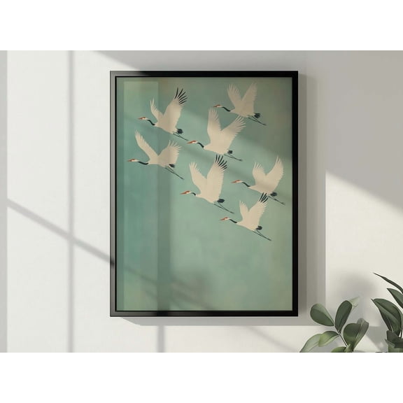 Flying Japanese Cranes Japandi Minimalist Bird Wall Art Unframed Paper Print