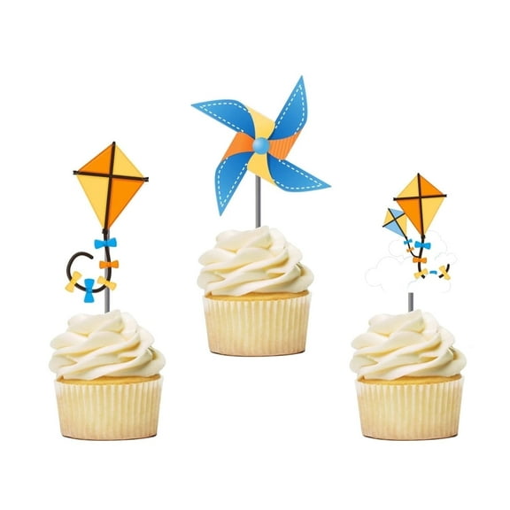 Flying Kite Cupcake Toppers, 12 Count, Pinwheel Cake Picks, Blue Birthday Decoration, Windmill Party Supplies, Boy Baby Shower Celebration