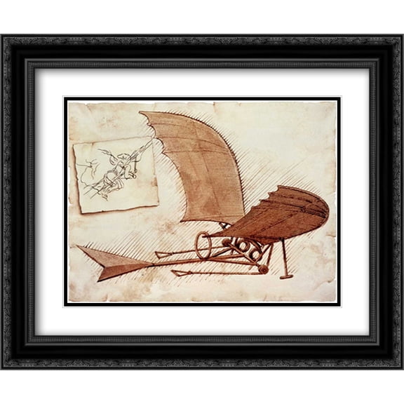 Flying Machine 2x Matted 24x20 Black Ornate Framed Art Print by Da Vinci, Leonardo