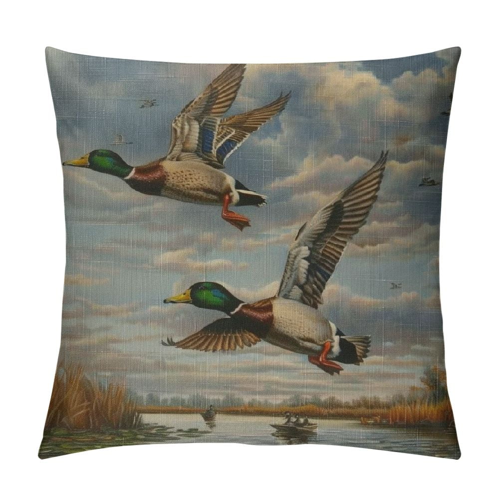 Flying Mallard Ducks Linen Throw Pillow Covers Farmhouse Double Sided ...