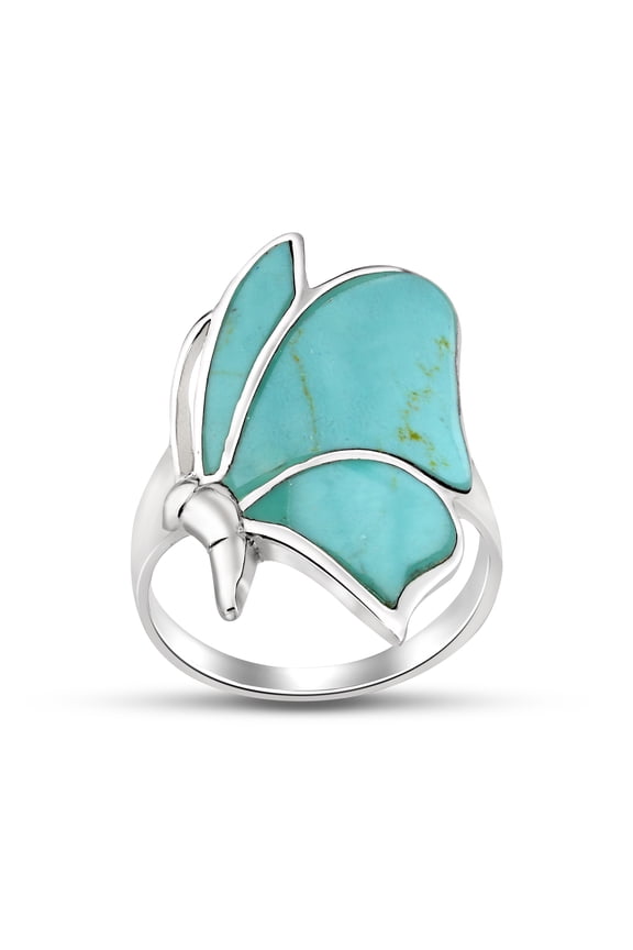 Flying Monarch Butterfly Green Turquoise Inlay Stone Sterling Silver Ring-7