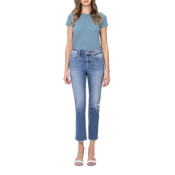 Flying Monkey - High Rise Slim Straight Jeans with Distressed Hem (27.5" Inseam) - F5213