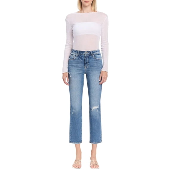 Flying Monkey - High Rise Slim Straight Jeans with Distressed Hem (27.5" Inseam) - F5213