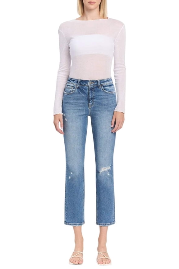 - High Rise Slim Straight Jeans with Distressed Hem (27.5" Inseam) - F5213