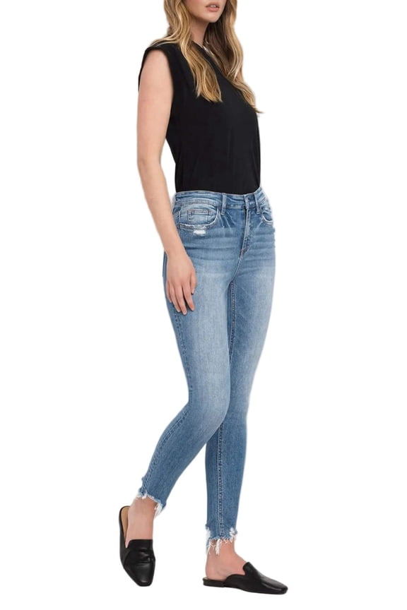 - High Rise Ankle Skinny Jeans with Distressed Step Hem (28" Inseam) - F4750
