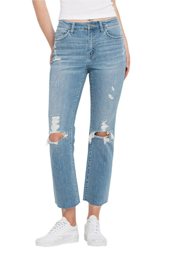 - High Rise Clean Cut Fray Hem Detail Crop Straight Jeans - Y3118