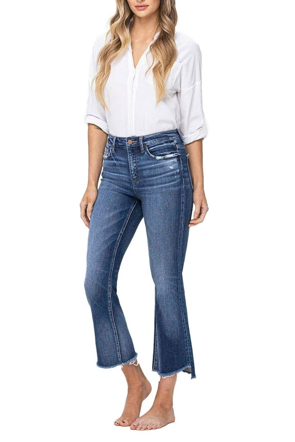 - High Rise Crop Flare with Step Hem Detail Jean - F5245