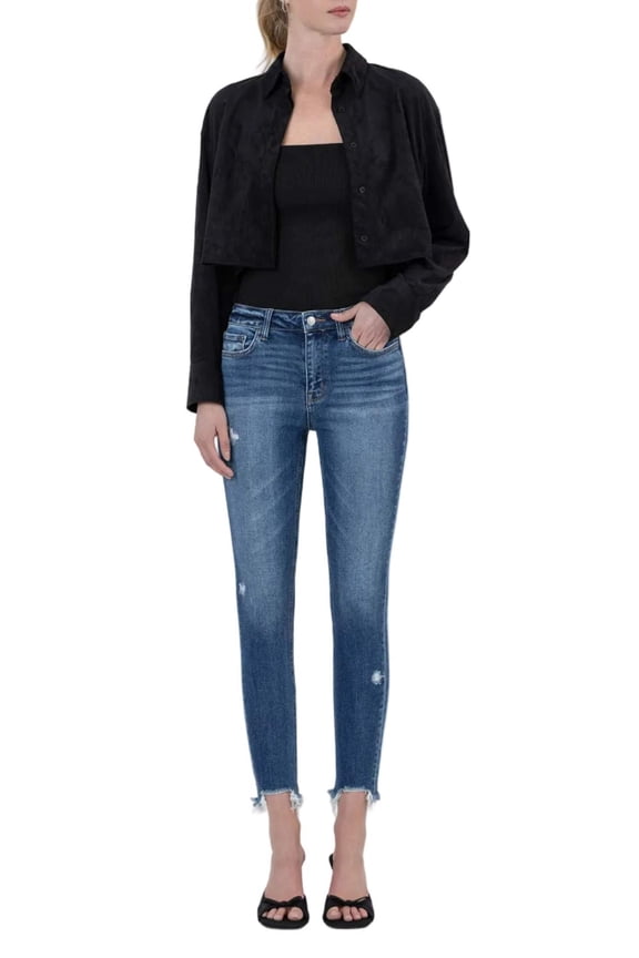 - High Rise Distressed Skinny Jeans with Frayed Hem (27.25" Inseam) - F5238