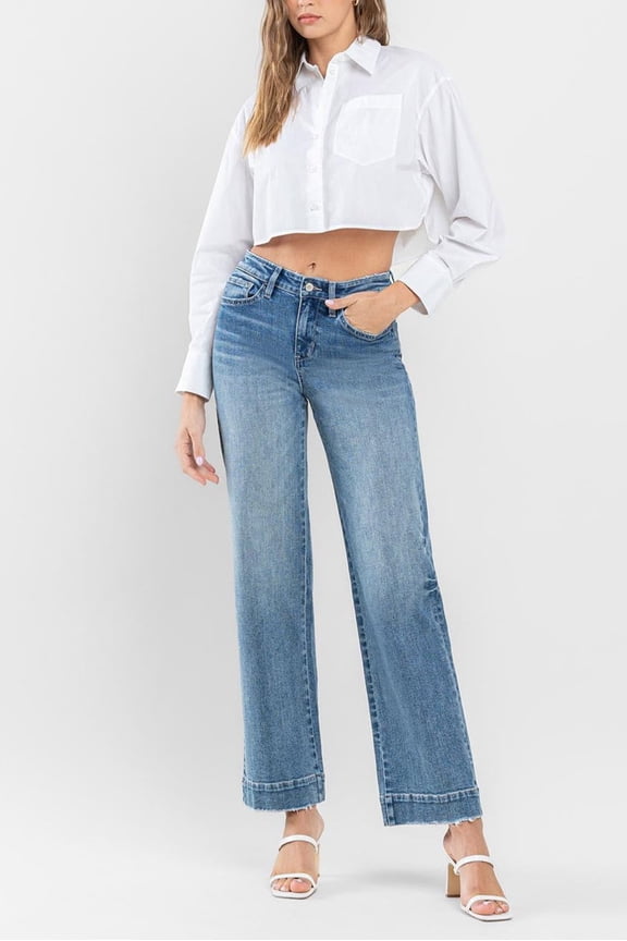 - High Rise Trouser Hem Wide Leg Jeans - F5391